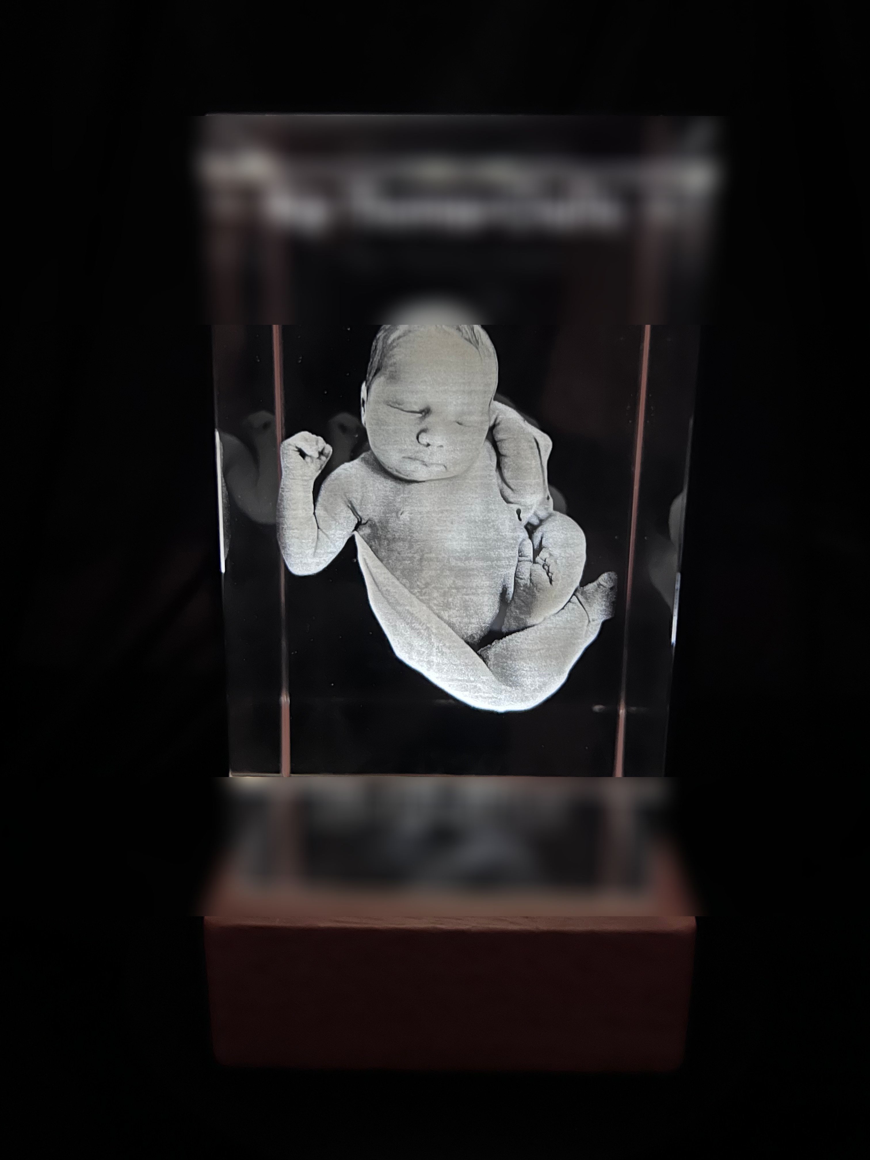 Newborn baby portrait crystal on wooden LED base