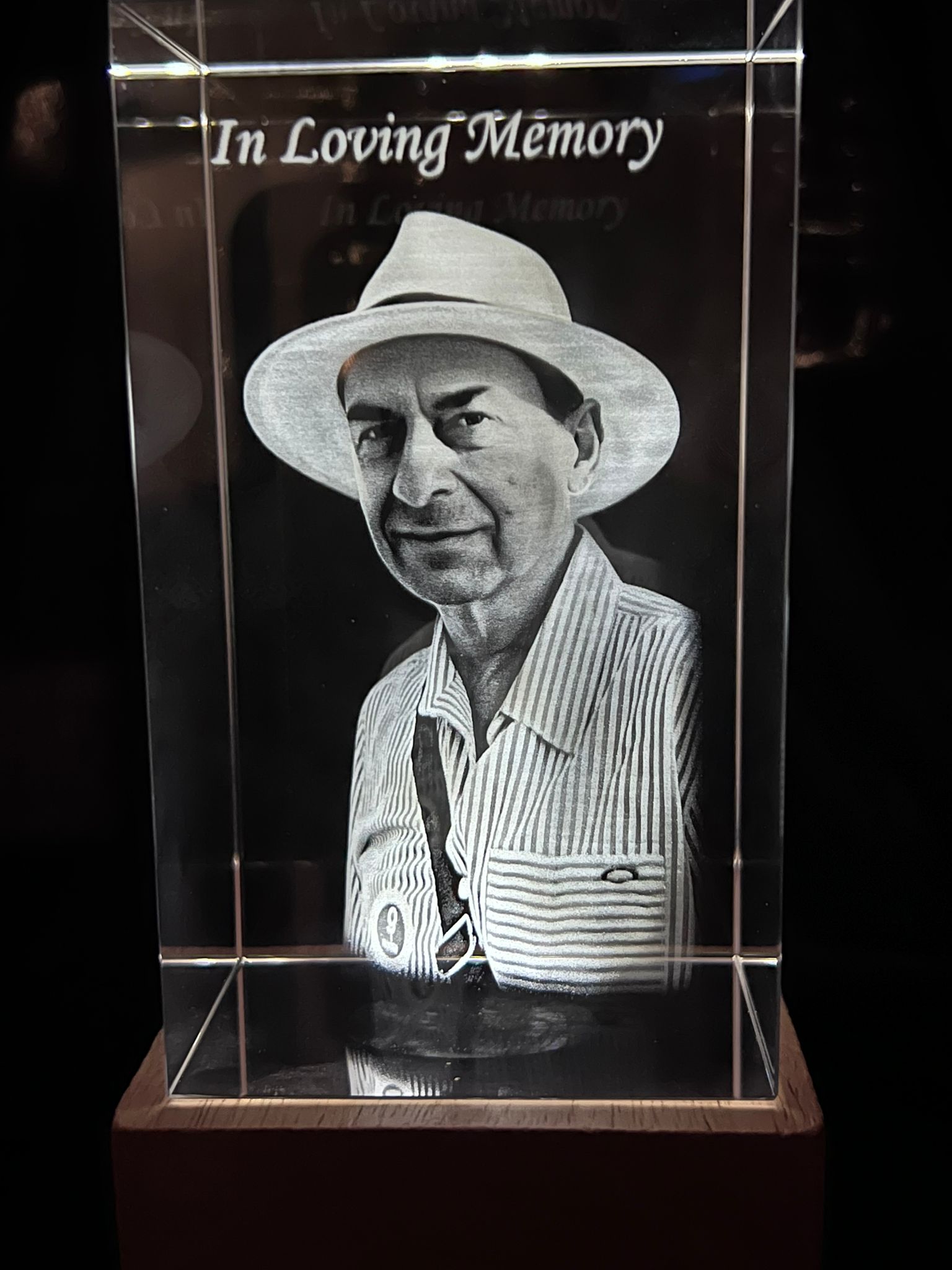 Memorial crystal — In Loving Memory, portrait on wooden LED base