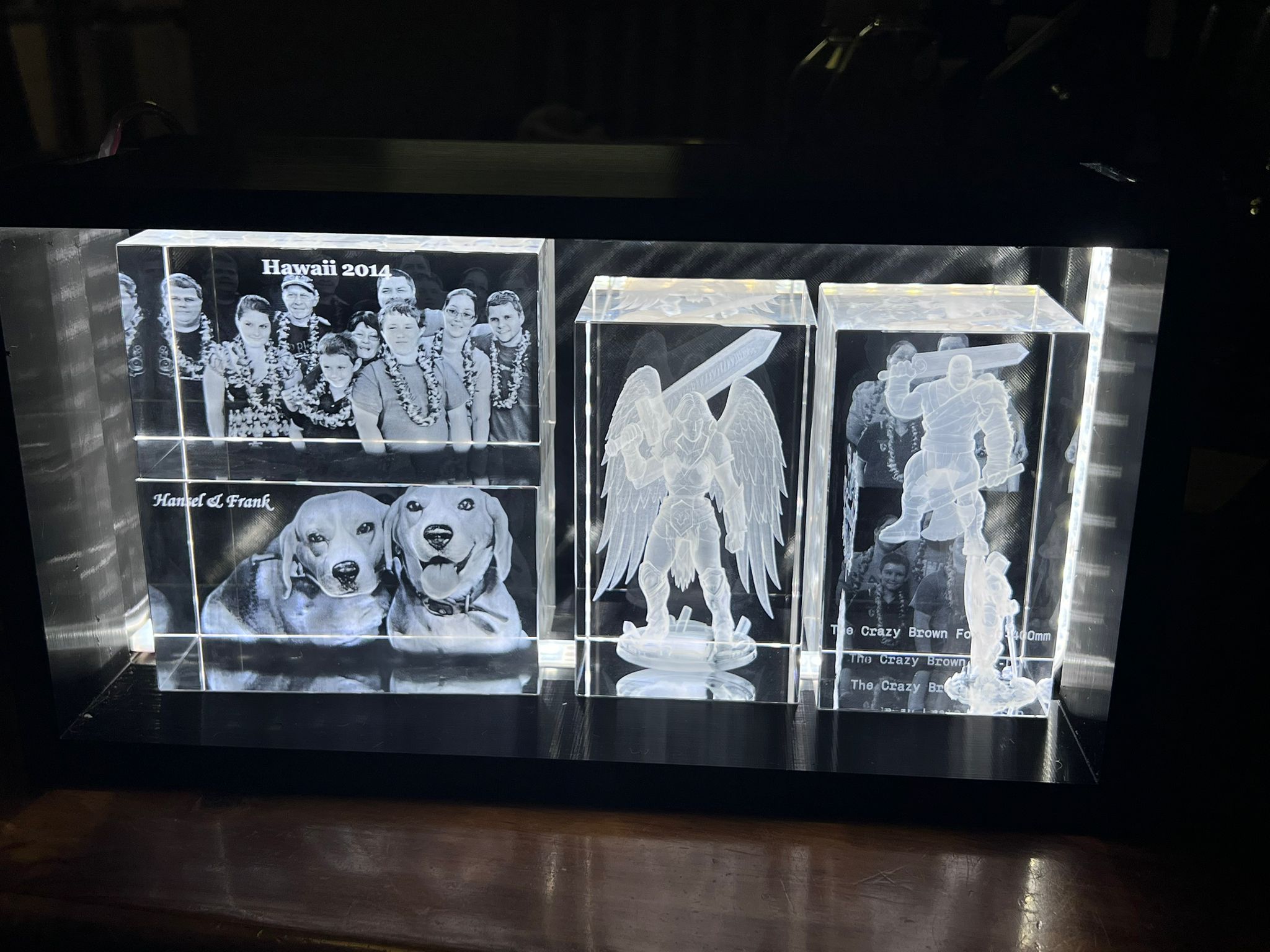 Four Prismforge crystals on LED base: Hawaii family photo, Hansel & Frank beagles, angel 3D art crystal, custom superhero composite